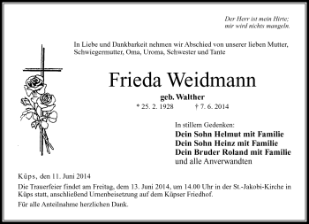 Traueranzeige von Frieda Weidmann von Neue Presse Coburg