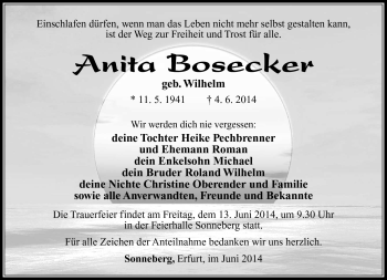 Traueranzeige von Anita Bosecker von Südthüringer Presse