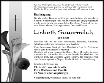 Traueranzeige von Lisbeth Sauermilch von Südthüringer Presse