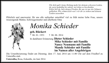 Traueranzeige von Monika Schieder von Südthüringer Presse
