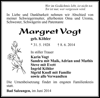 Traueranzeige von Margret Vogt von Südthüringer Presse