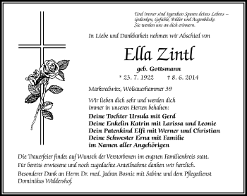 Traueranzeige von Ella Zintl von Frankenpost