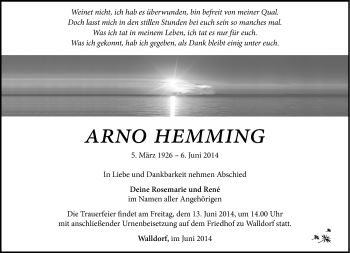 Traueranzeige von Arno Hemming von Südthüringer Presse