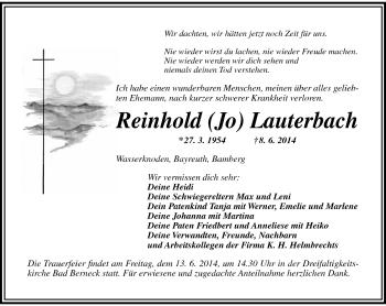 Traueranzeige von Reinhold Lauterbach von Frankenpost