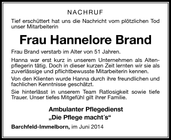 Traueranzeige von Hanna Brand von Südthüringer Presse