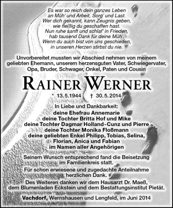 Traueranzeige von Rainer Werner von Südthüringer Presse