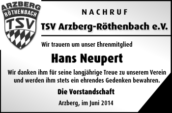 Traueranzeige von Hans Neupert von Frankenpost
