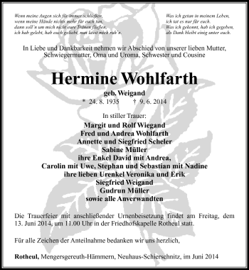 Traueranzeige von Hermine Wohlfahrt von Südthüringer Presse