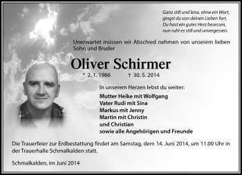 Traueranzeige von Oliver Schirmer von Südthüringer Presse