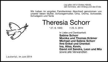 Traueranzeige von Theresia Schorr von Neue Presse Coburg