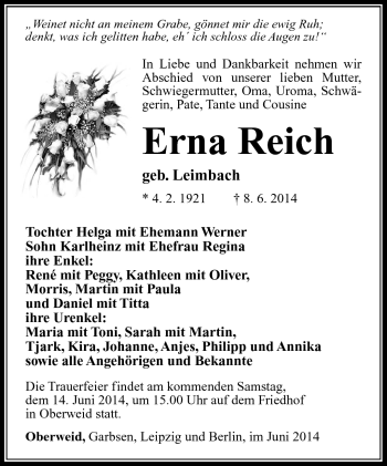 Traueranzeige von Erna Reich von Südthüringer Presse
