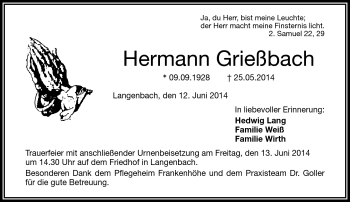 Traueranzeige von Hermann Grießbach von Frankenpost