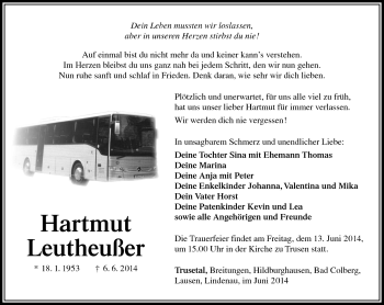 Traueranzeige von Hartmut Leutheußer von Südthüringer Presse