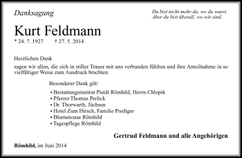 Traueranzeige von Kurt Feldmann von Südthüringer Presse
