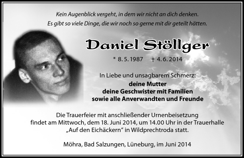  Traueranzeige für Daniel Stöllger vom 13.06.2014 aus Südthüringer Presse