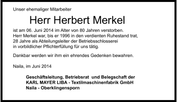Traueranzeige von Herbert Merkel von Frankenpost