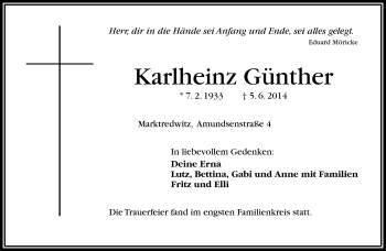 Traueranzeige von Karlheinz Günther von Frankenpost
