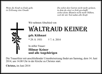 Traueranzeige von Waltraud Keiner von Südthüringer Presse