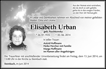 Traueranzeige von Elisabeth Urban von Südthüringer Presse