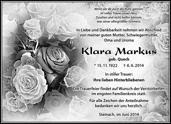 Traueranzeige von Klara Markus von Südthüringer Presse