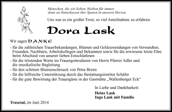 Traueranzeige von Dora Lask von Südthüringer Presse