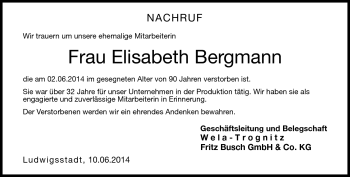 Traueranzeige von Elisabeth Bergmann von Neue Presse Coburg