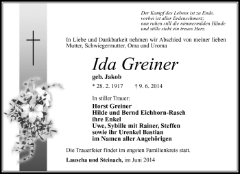 Traueranzeige von Ida Greiner von Südthüringer Presse