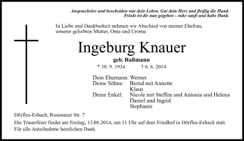 Traueranzeige von Ingeburg Knauer von Neue Presse Coburg