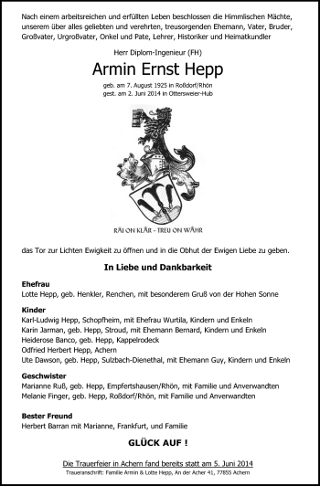 Traueranzeige von Armin Ernst Hepp von Südthüringer Presse