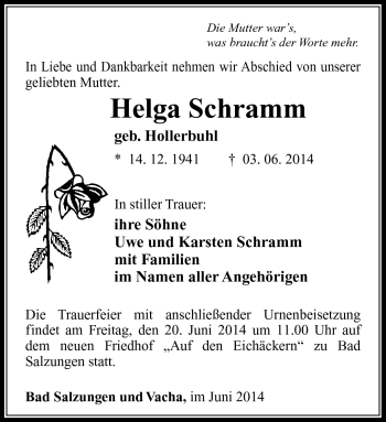 Traueranzeige von Helga Schramm von Südthüringer Presse
