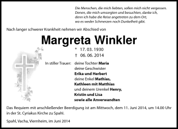 Traueranzeige von Margreta Winkler von Südthüringer Presse