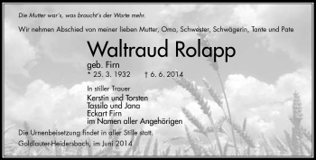 Traueranzeige von Waltraud Rolapp von Südthüringer Presse