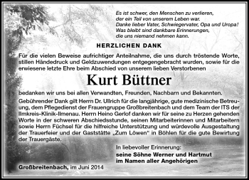 Traueranzeige von Kurt Büttner von Südthüringer Presse