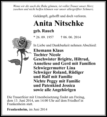 Traueranzeige von Anita Nitschke von Südthüringer Presse