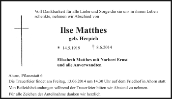 Traueranzeige von Ilse Matthes von Neue Presse Coburg