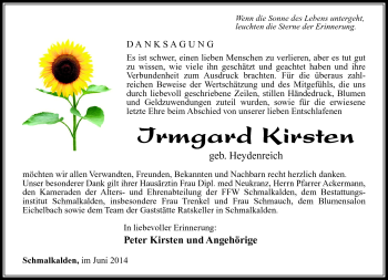 Traueranzeige von Irmgard Kirsten von Südthüringer Presse