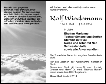 Traueranzeige von Rolf Wiedemann von Südthüringer Presse