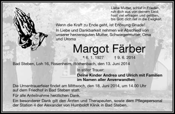Traueranzeige von Margot Färber von Frankenpost