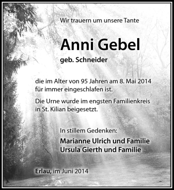 Traueranzeige von Anni Gebel von Südthüringer Presse