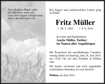 Traueranzeige von Fritz Müller von Südthüringer Presse