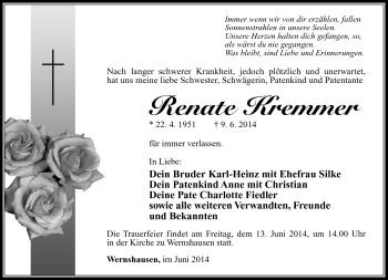 Traueranzeige von Renate Kremmer von Südthüringer Presse