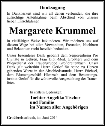 Traueranzeige von Margarete Krummel von Südthüringer Presse