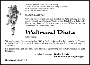 Traueranzeige von Waltraud Dietz von Südthüringer Presse