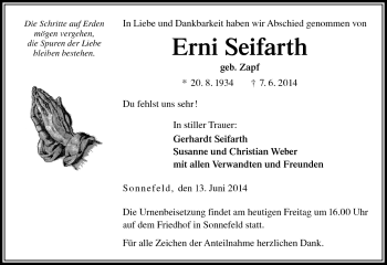 Traueranzeige von Erni Seifarth von Neue Presse Coburg