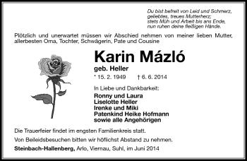Traueranzeige von Karin Mazlo von Südthüringer Presse