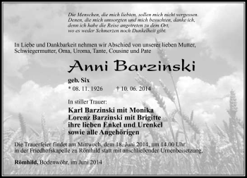 Traueranzeige von Anni Barzinski von Südthüringer Presse