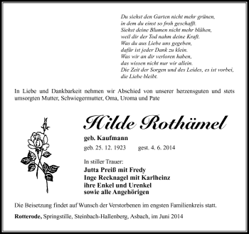 Traueranzeige von Hilde Rothämel von Südthüringer Presse