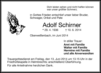 Traueranzeige von Adolf Schirner von Frankenpost