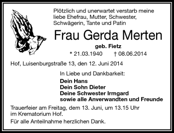 Traueranzeige von Gerda Merten von Frankenpost