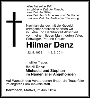 Traueranzeige von Hilmar Danz von Südthüringer Presse
